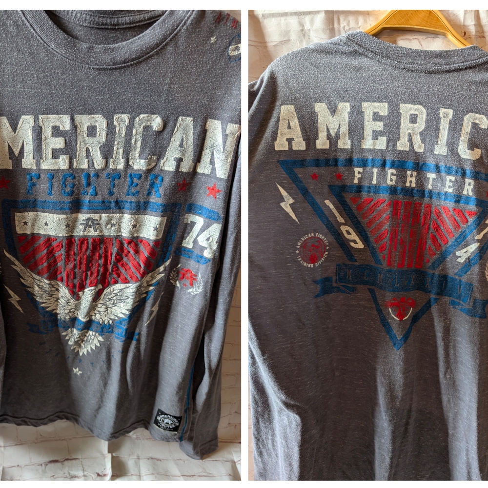 American Fighter Gray Long Sleeve Tee with Patriotic Design